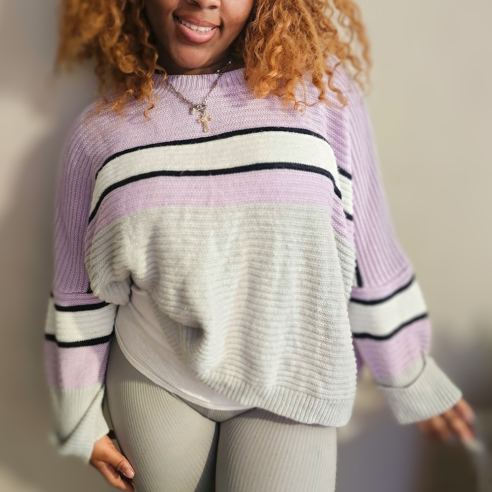 Women's Striped Sweater - Lavender and White